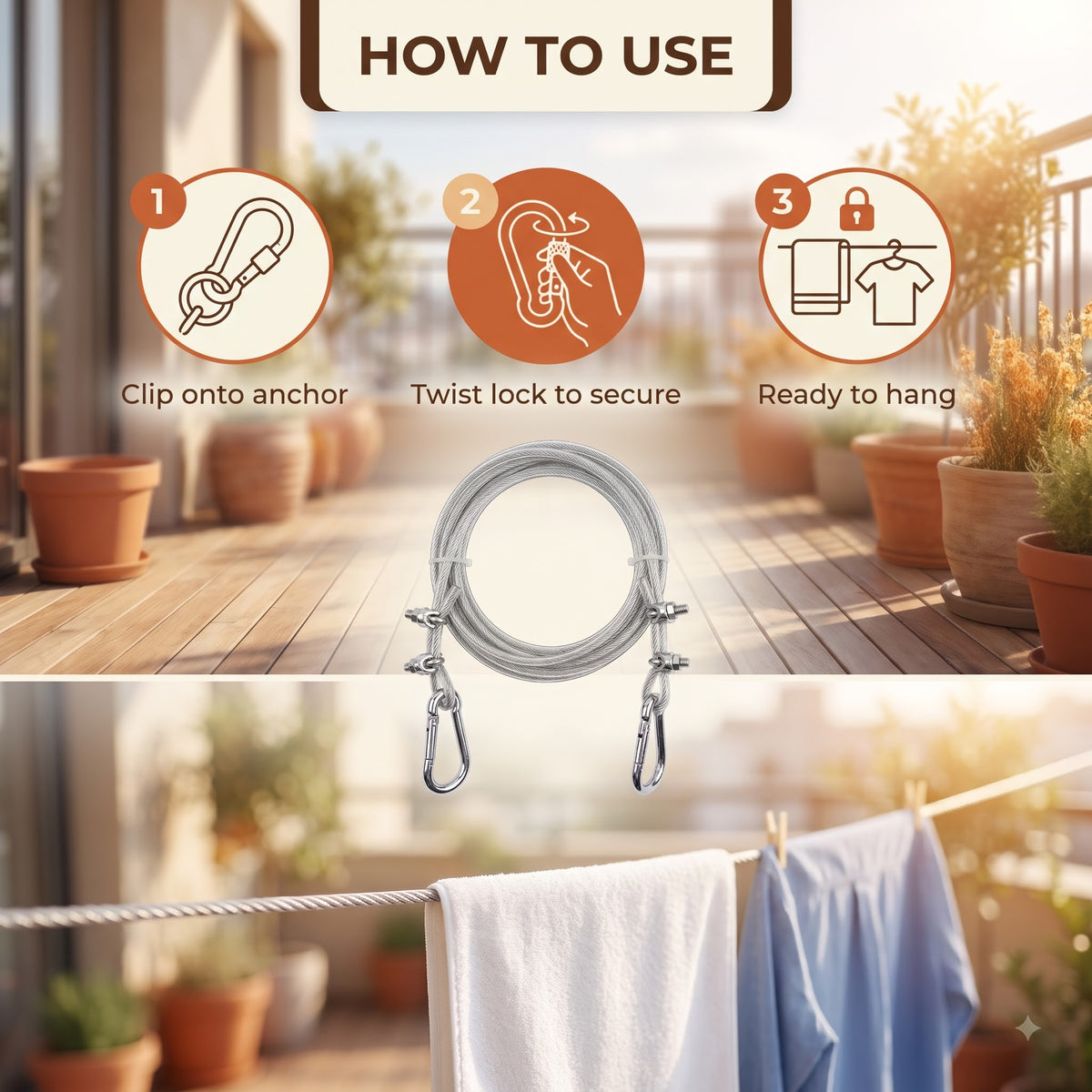 Heavy Duty Clothes Drying Rope with Hooks