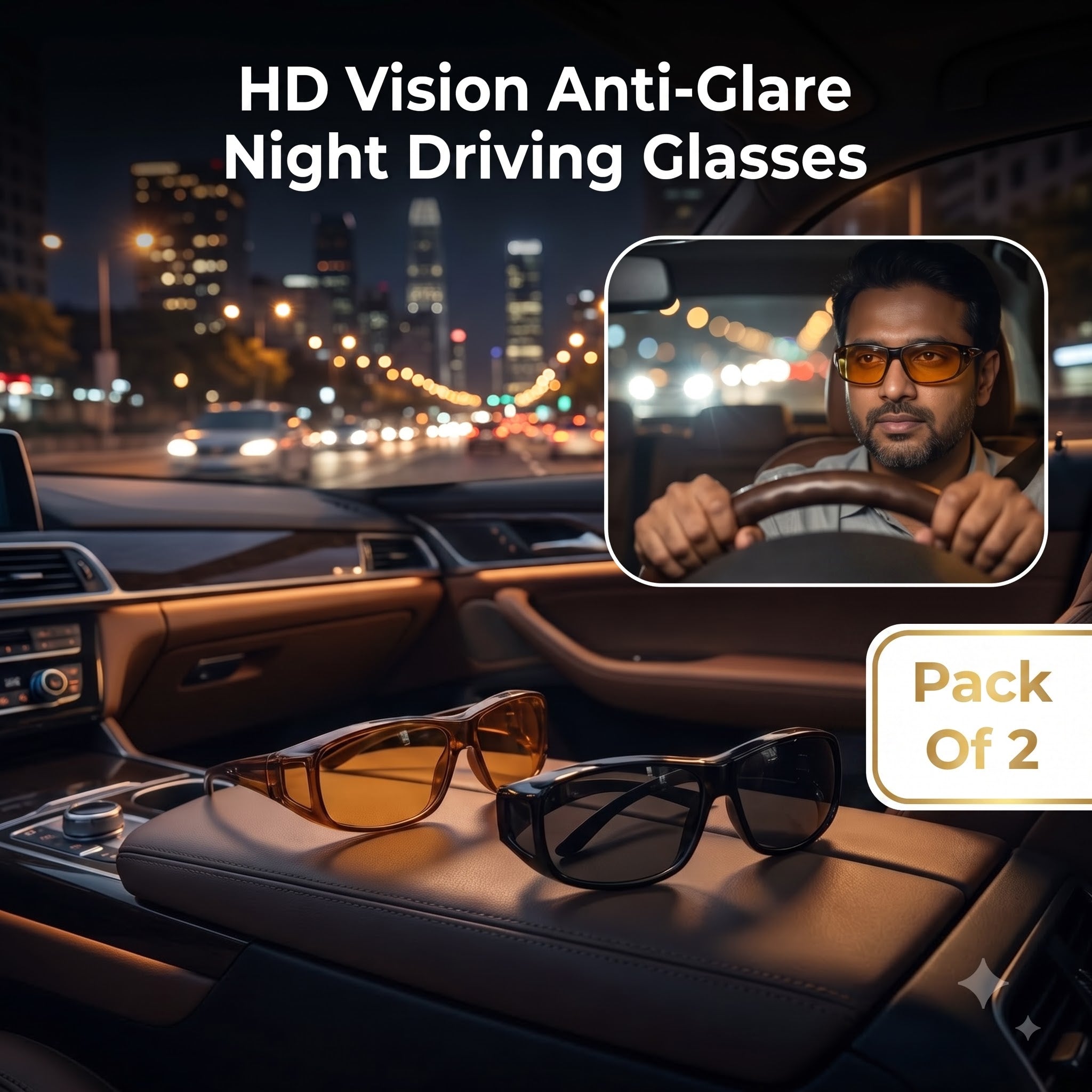 Night Driving Anti-Glare Glasses – Yellow & Black Polarized HD Vision Lens (Pack of 2)
