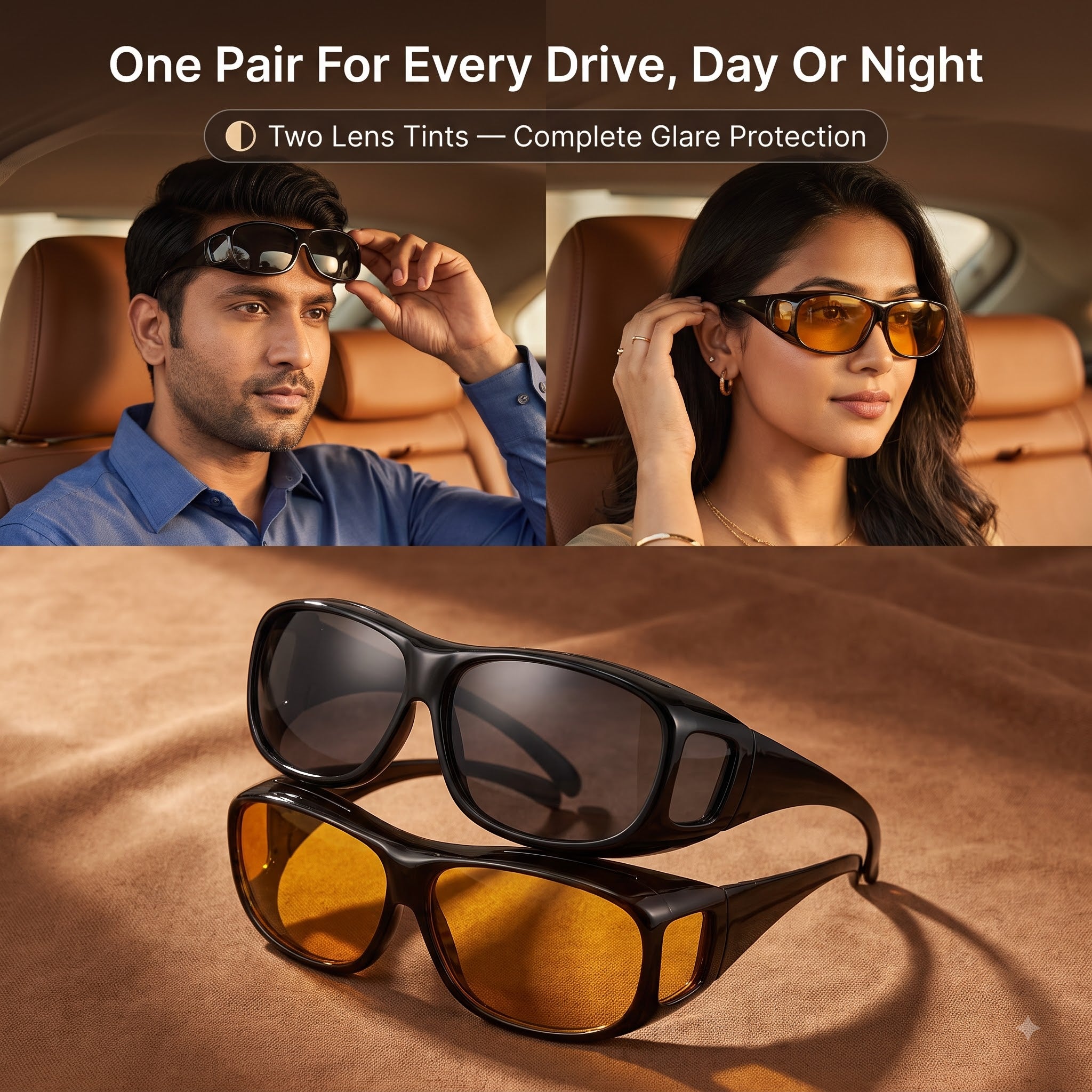 Night Driving Anti-Glare Glasses – Yellow & Black Polarized HD Vision Lens (Pack of 2)